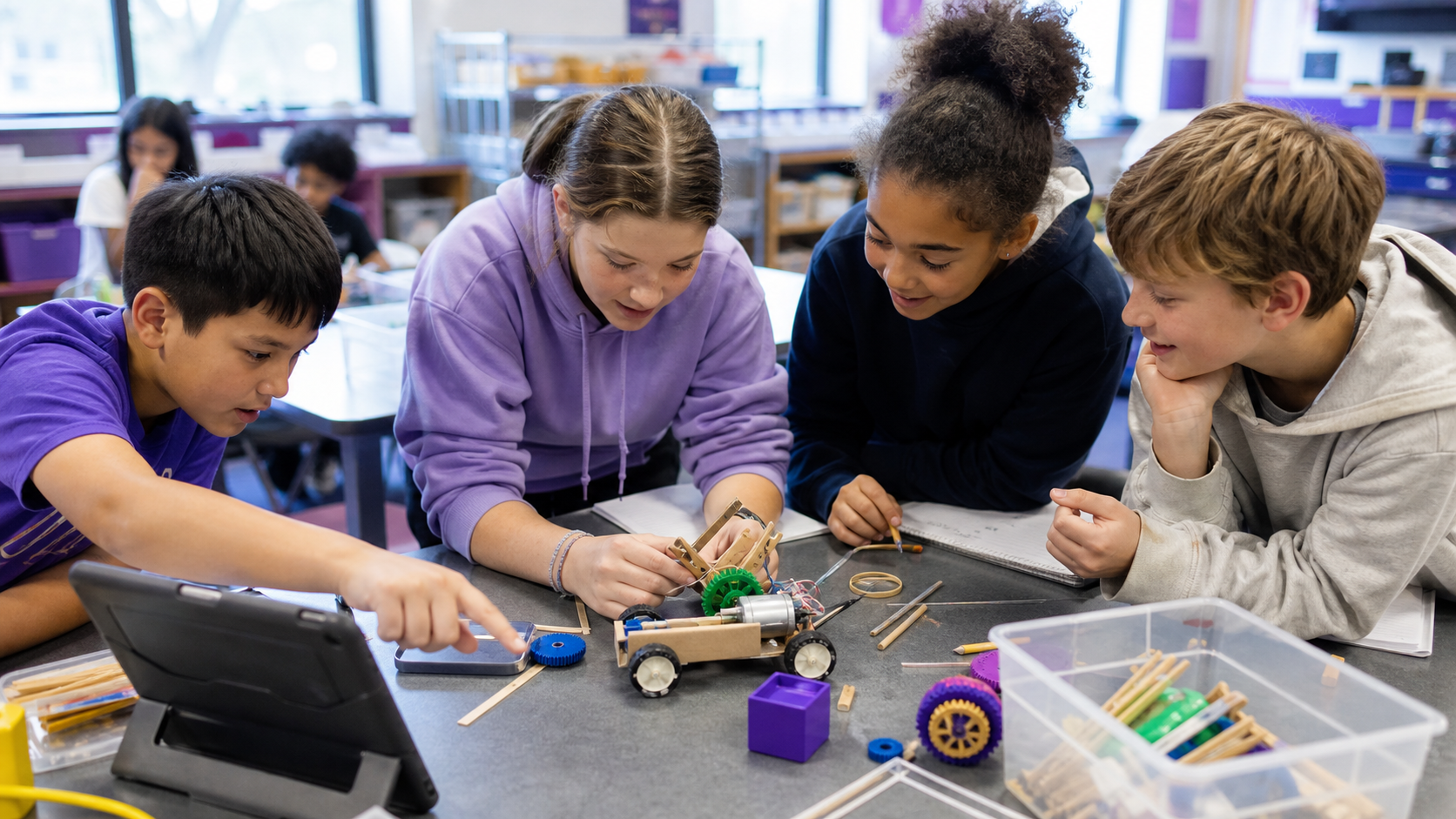 Four Ephrata Intermediate School students working together on a hands-on STEM project, building a gear-driven model car