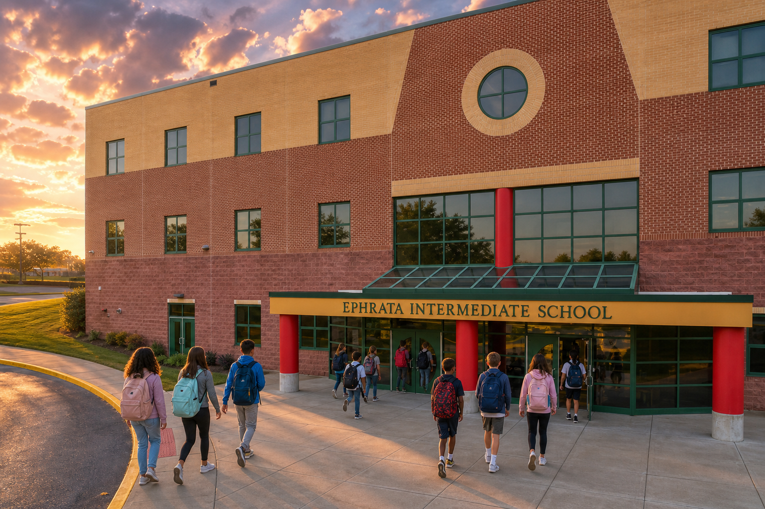 Students with backpacks walking toward the main entrance of Ephrata Intermediate School at golden hour